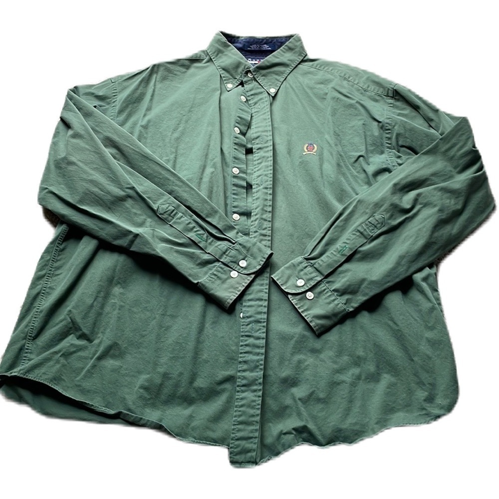 Tommy Hilfiger Men's Long Sleeve Button-Up Shirt Green Cotton XL Classic Fit EUC